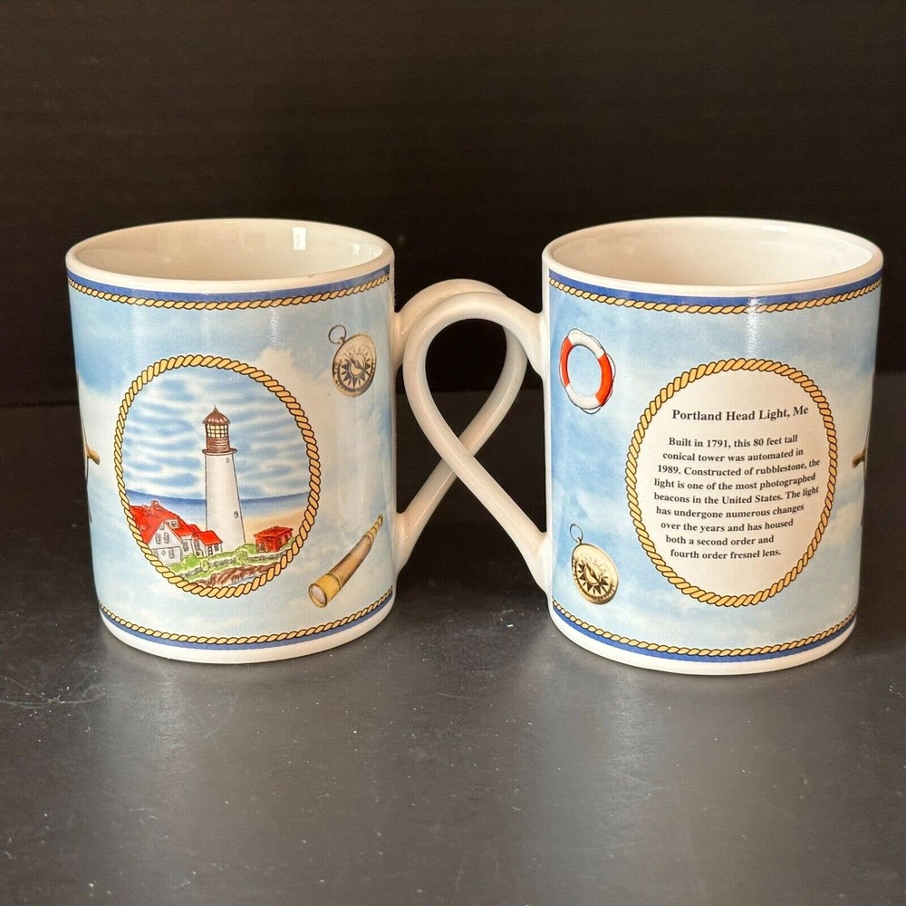 Royal Norfolk Portland Head Light Cape Elizabeth Me. Coffee Cup/Mug Set of 2
